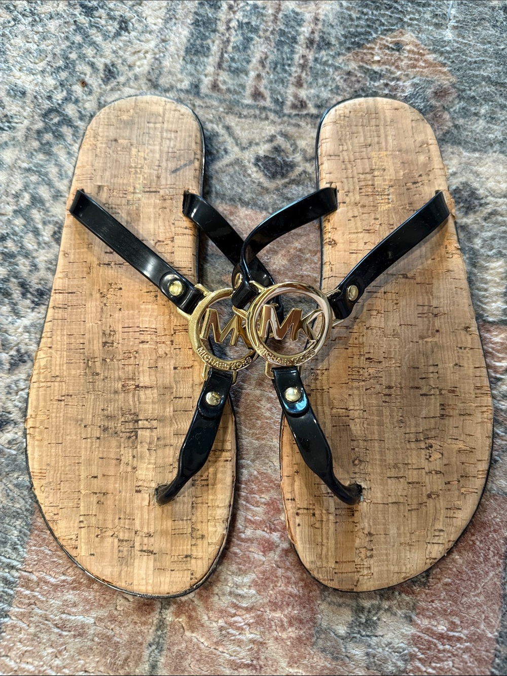 Michael Kors Black Patent Thong Sandals with Gold MK Medallions